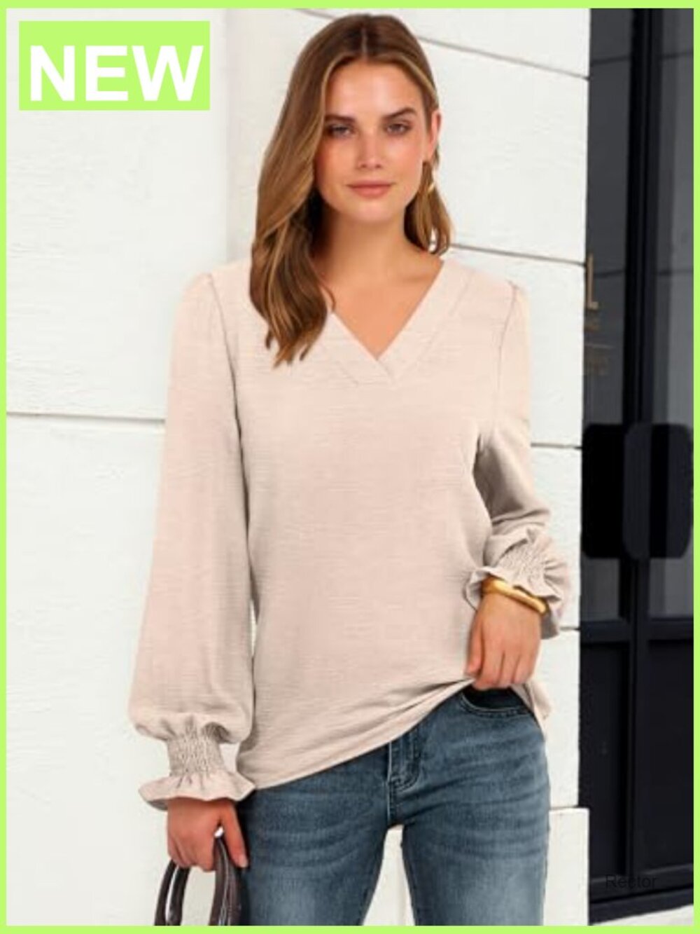 Women's Puff Long Sleeve V-Neck Blouse Business Casual Dressy Office Top View 5